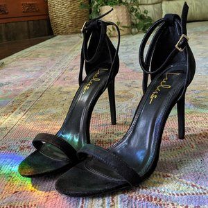 Sexy Strappy Black Suede Heels - Size 8.5, Lulu's, 4.5 in Heel, Thin Ankle Strap
